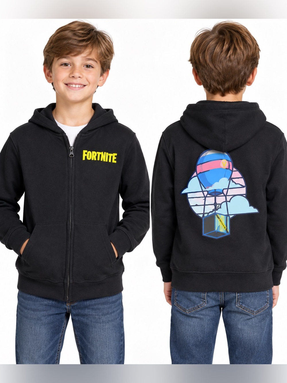 Fortnite Boys Hoodie Size M Black Full Zip Battle Bus Graphic Epic Games 2023